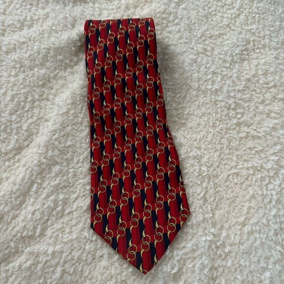 Vintage Paolo Gucci Red Navy Horse Bit Pattern Print Silk Made In Italy Tie - Picture 4 of 9